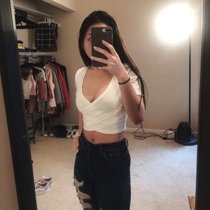 Ribbed Knit White Surplice Front Crop Top